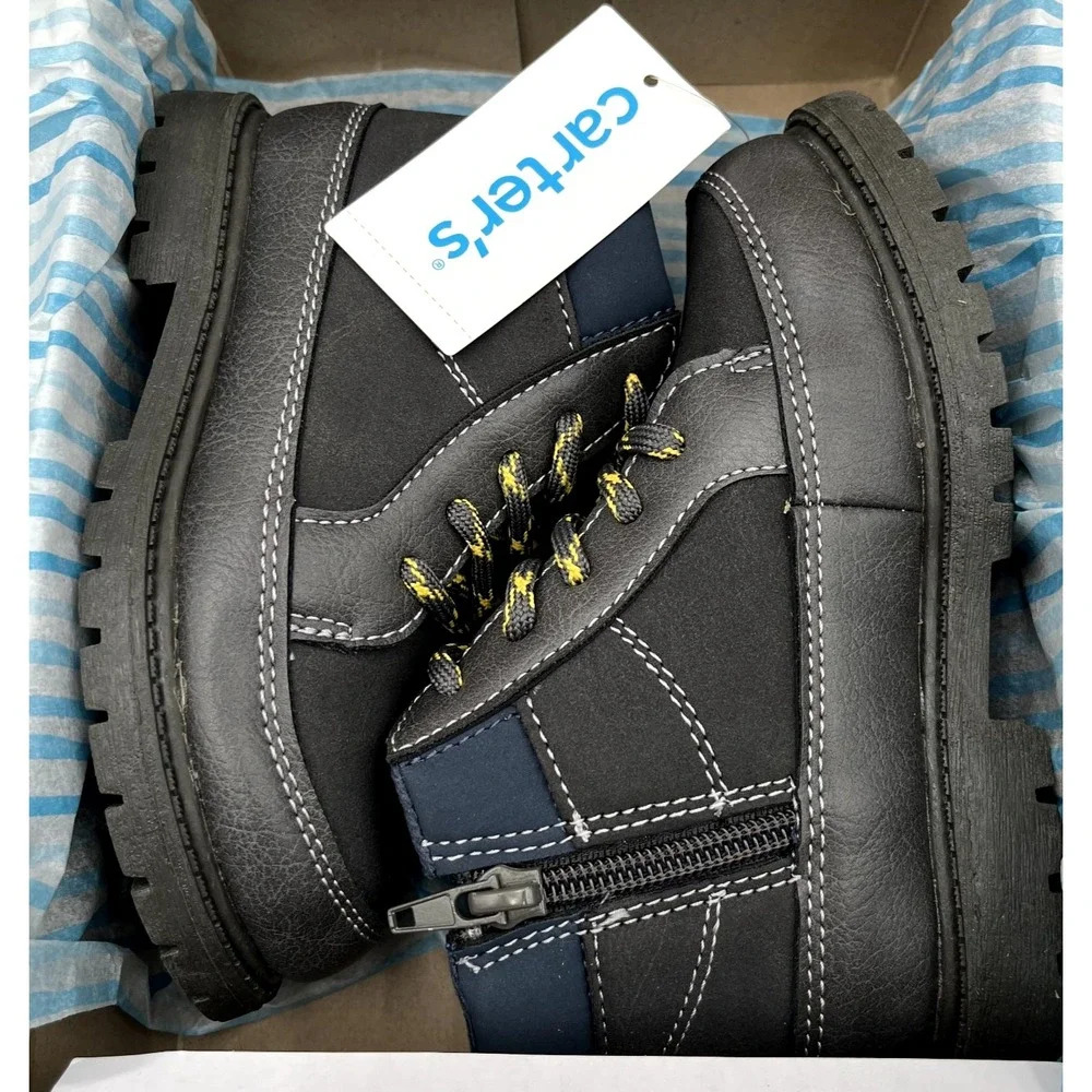 Carter's Little Boy's Trail Hiking Ankle Boots Size 11 Gray Navy Blue Side Zip
